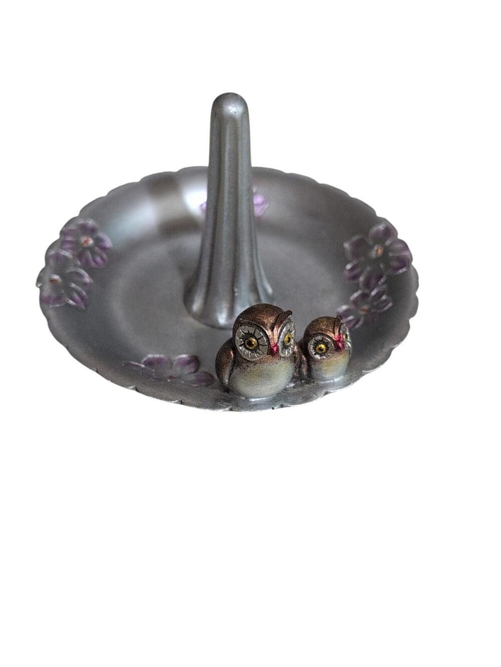 Silver Color Hand Painted Plaster Owl Purple Flower Ring Holder Dish